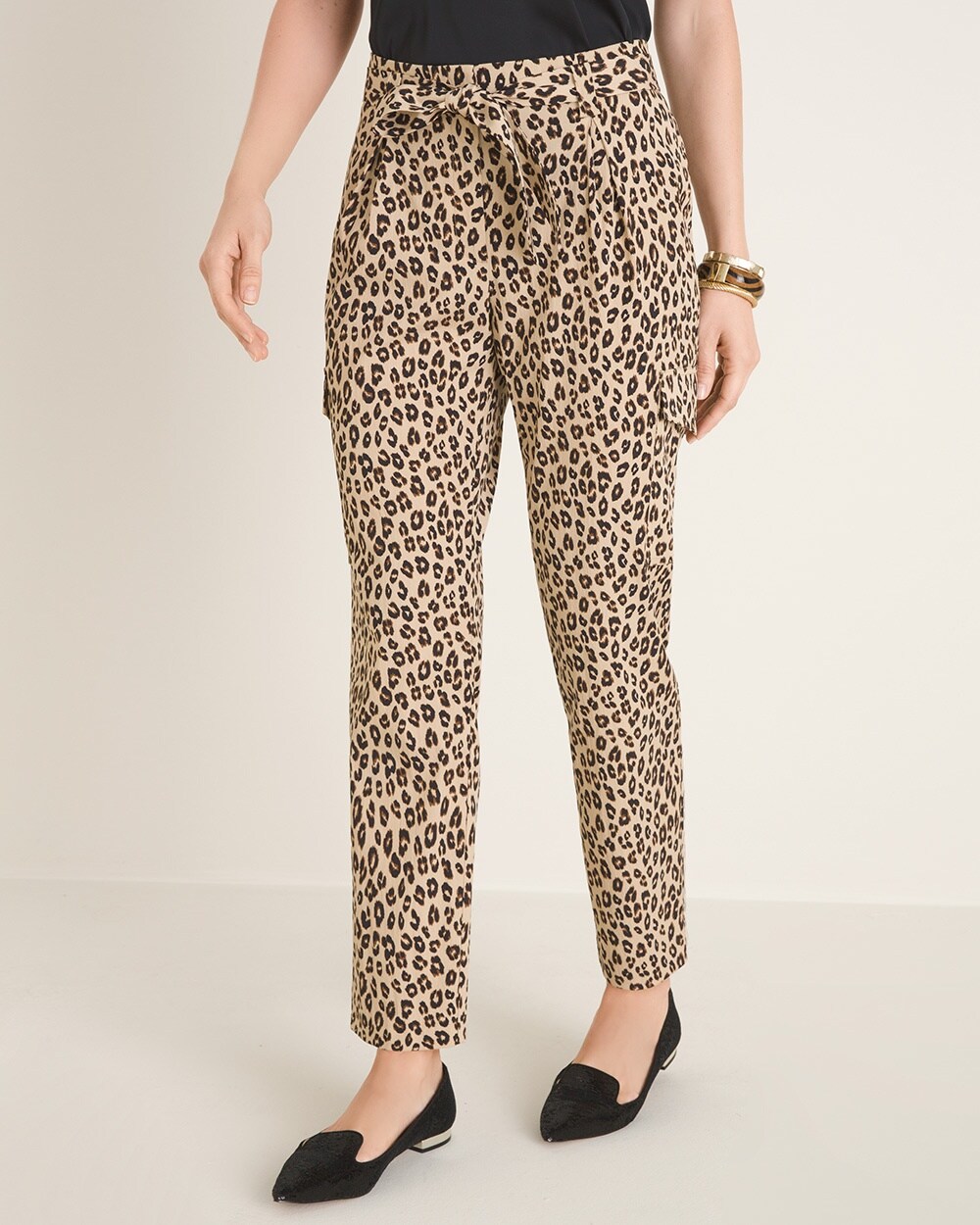 Animal-Print Tie-Front Casual Soft Utility Ankle Pants