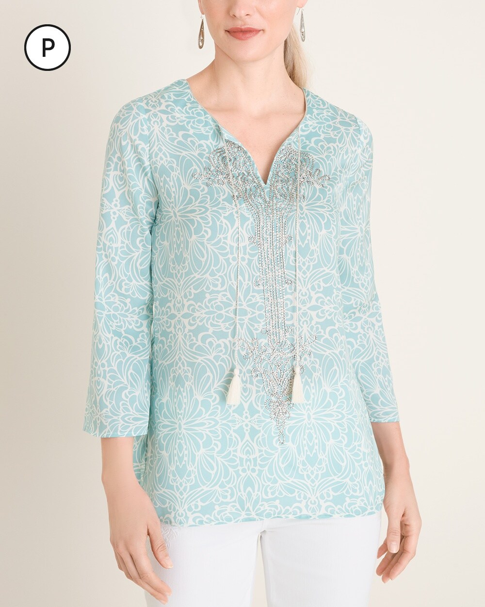 Petite Embellished Mirrored Scroll-Print Blouse