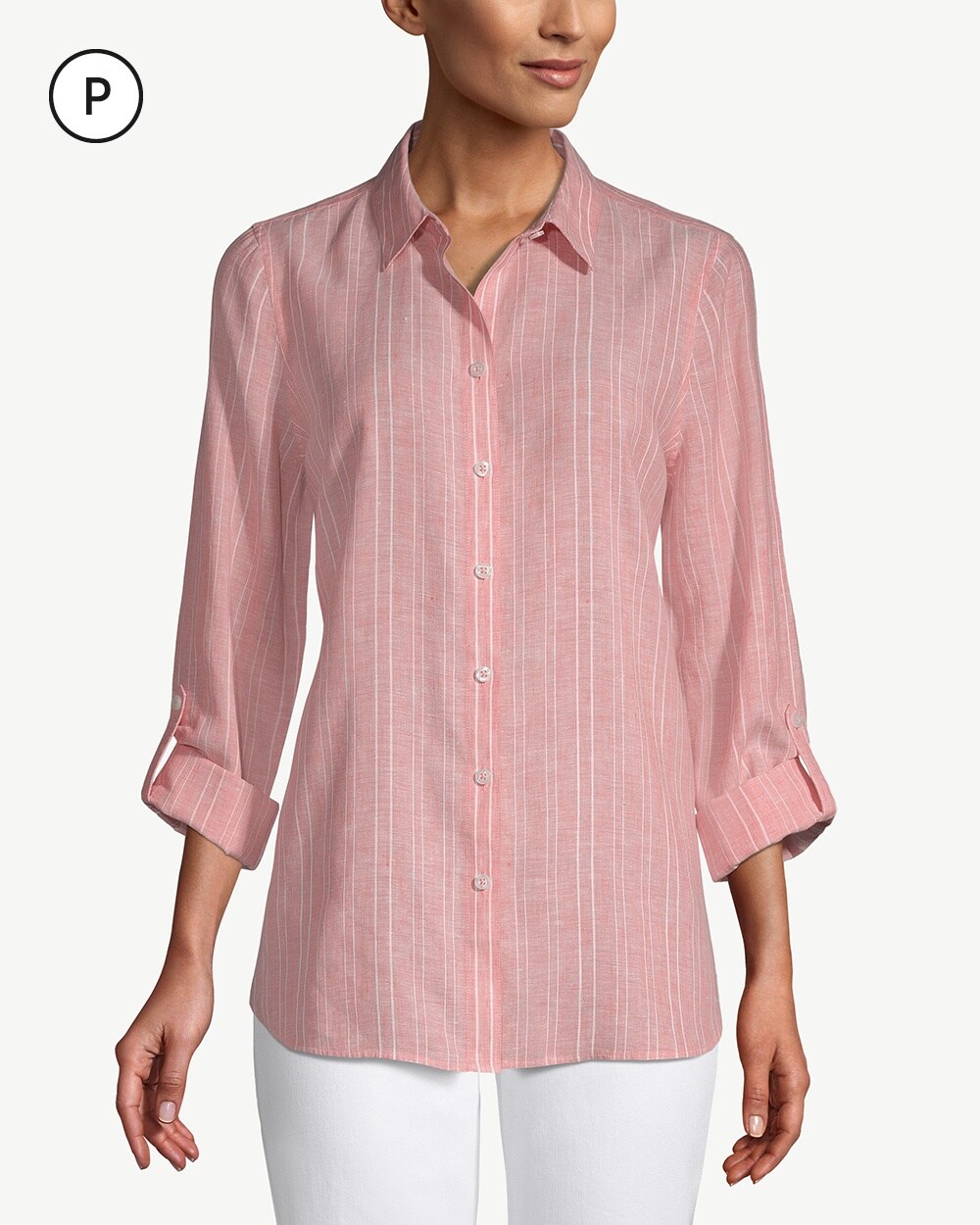 Petite No-Iron Linen Double-Stripe Roll-Tab Sleeve Shirt
