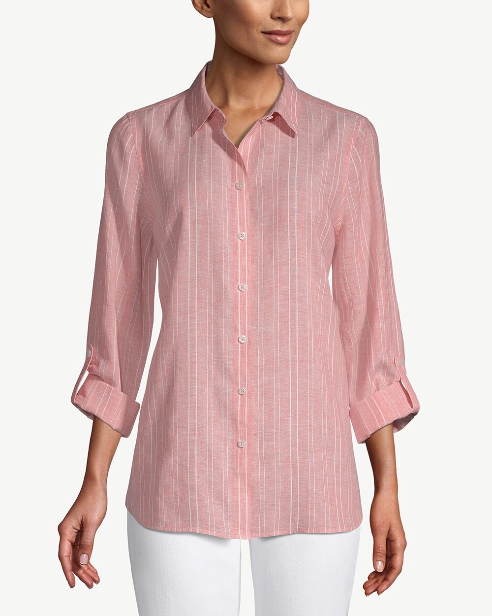 No-Iron Linen Double-Stripe Roll-Tab Sleeve Shirt - Chico's