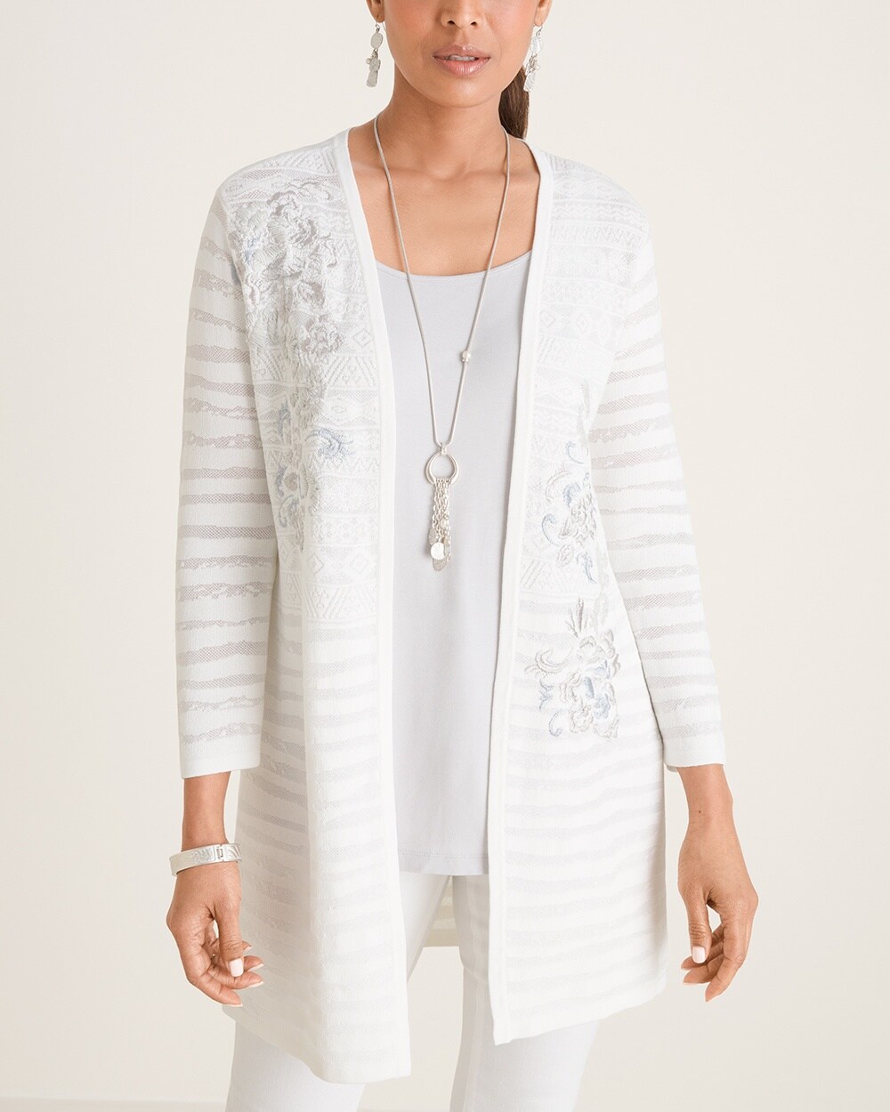 Embroidered Jacquard Open-Front Cardigan Sweater