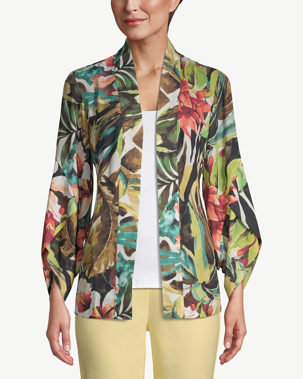 Tropical-Print Tulip-Sleeve Kimono Jacket