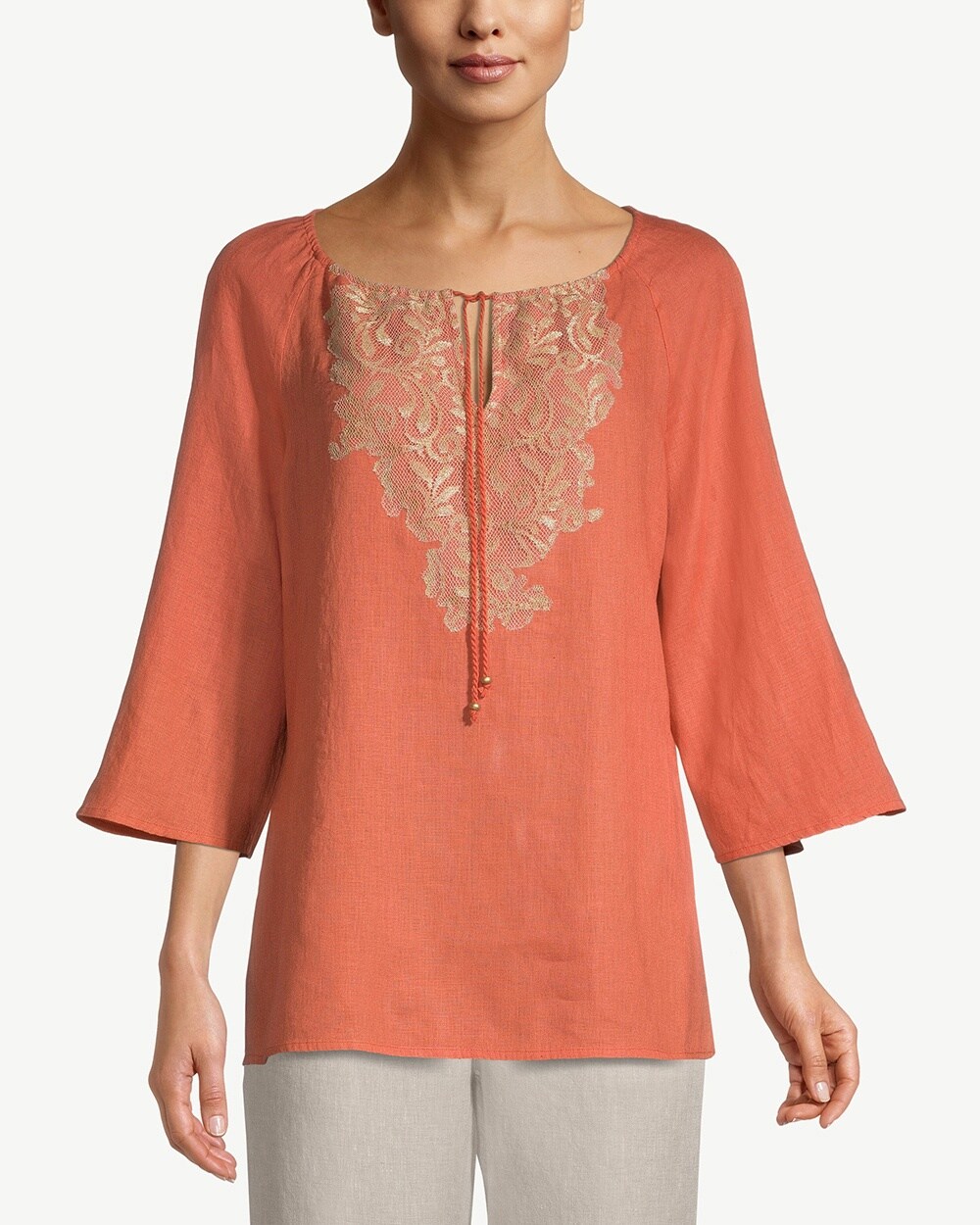 3/4-Sleeve Lace-Front Linen Top