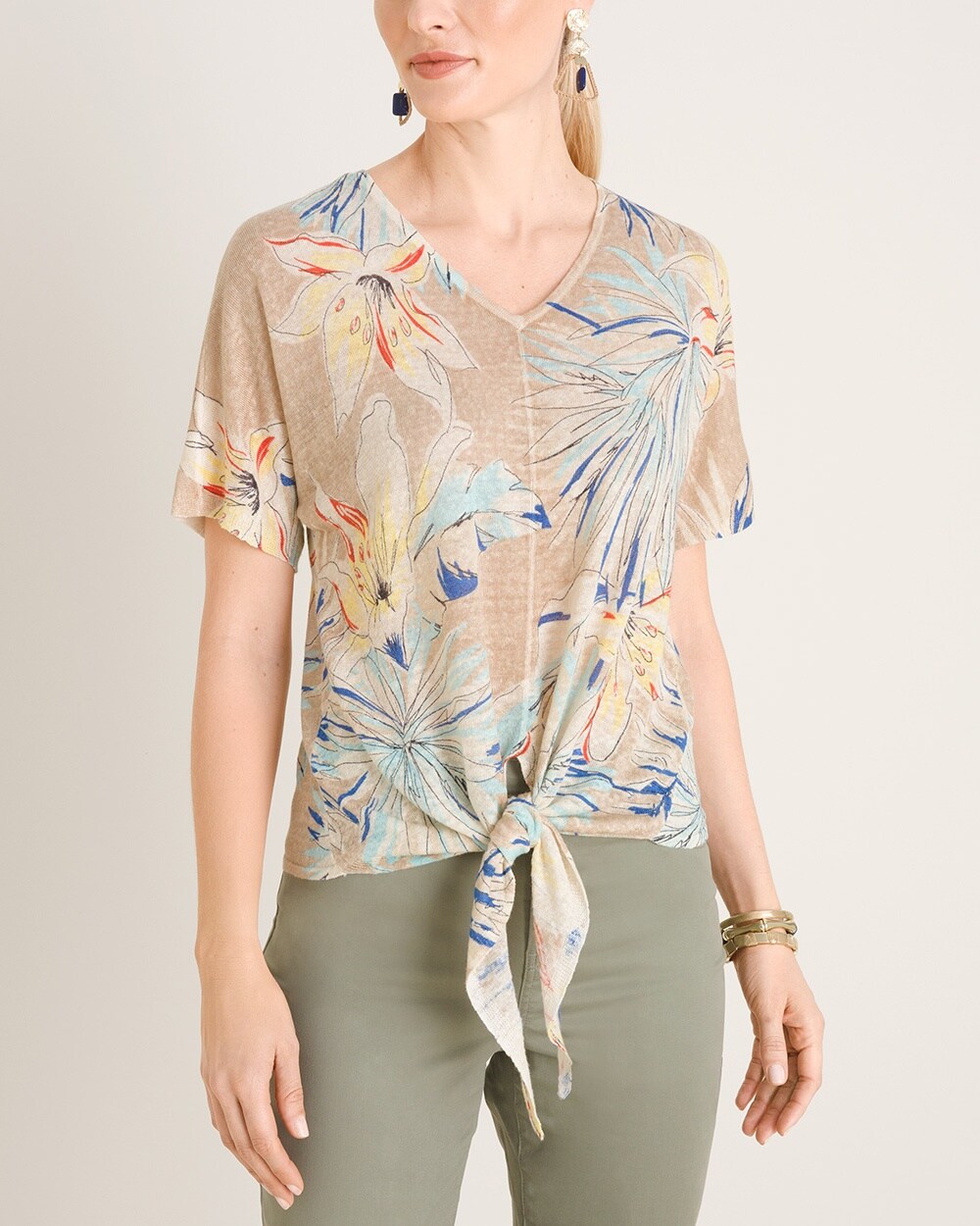 Short-Sleeve Tropical-Print Tie-Front Pullover Sweater