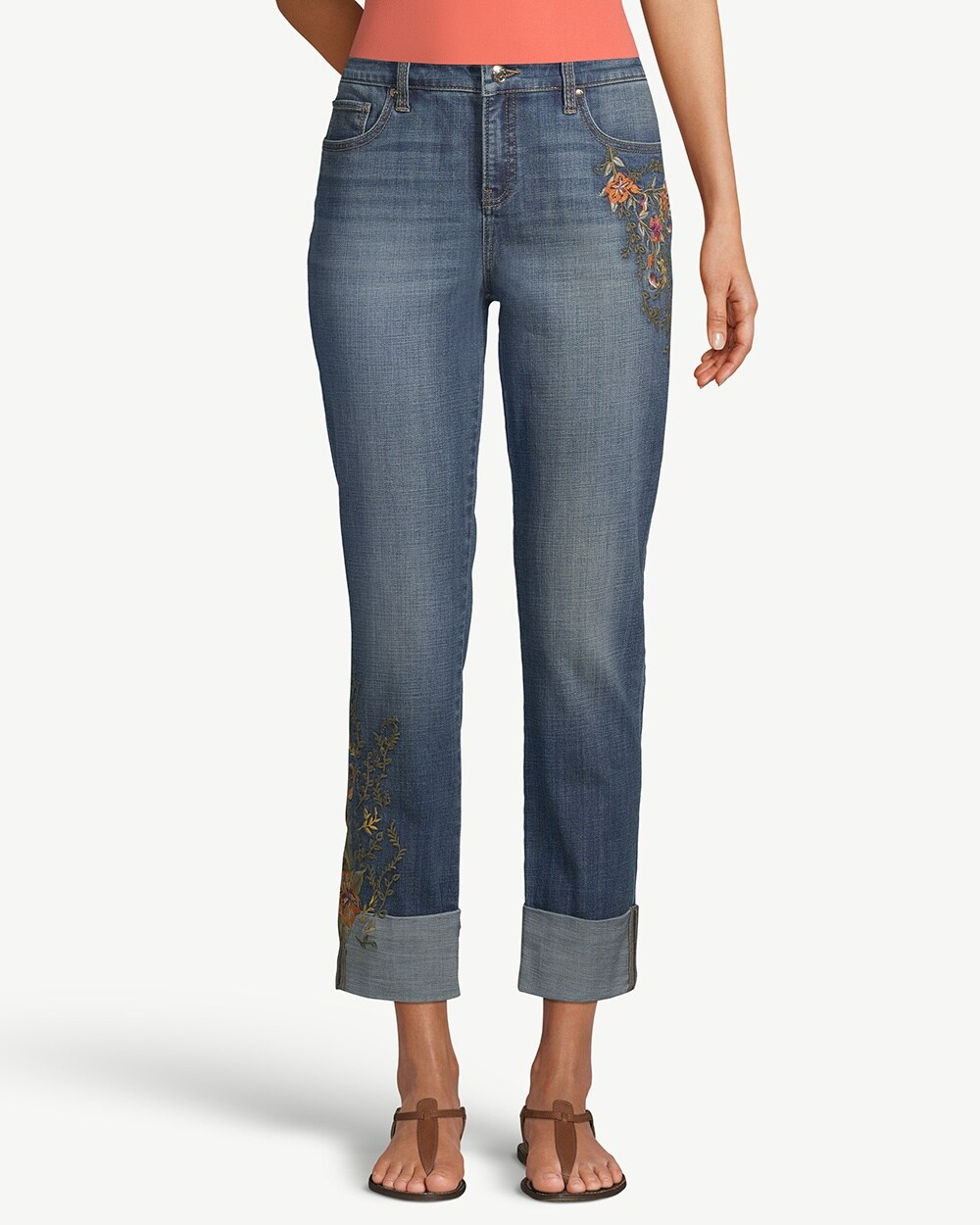 So Slimming Floral Embroidered Girlfriend Ankle Jeans