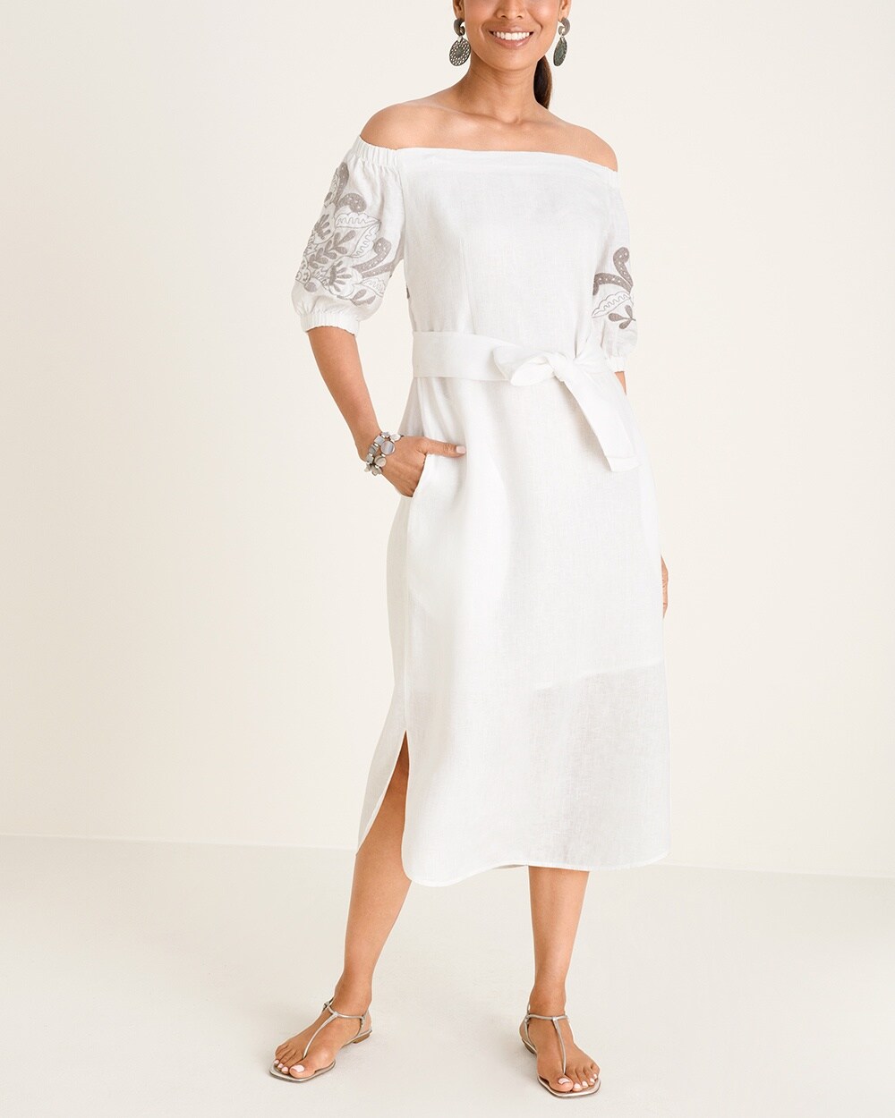 Cold-Shoulder Linen Midi Dress