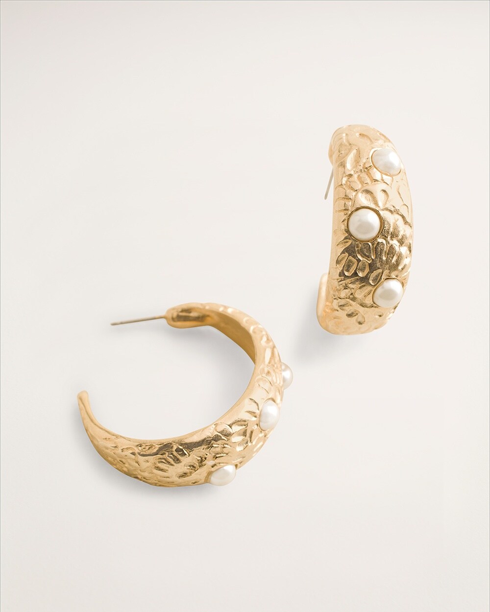 Goldtone Textured Hoop Earrings with Faux Pearls