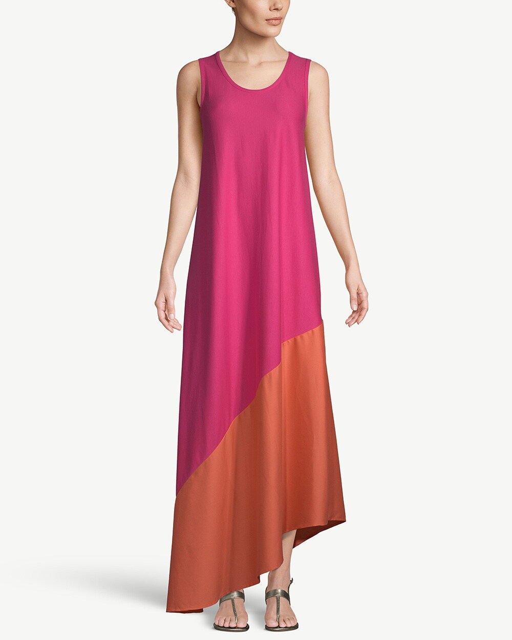 Sleeveless Colorblock Asymmetrical-Hem Maxi Dress