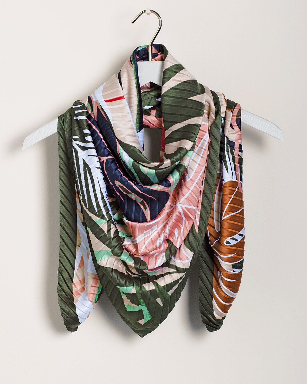 Palm-Print Pleated Oversized Square Scarf