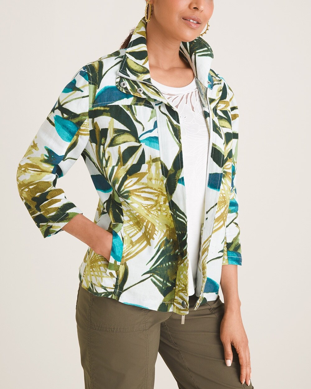 Zip-Front Tropical-Print Linen Jacket