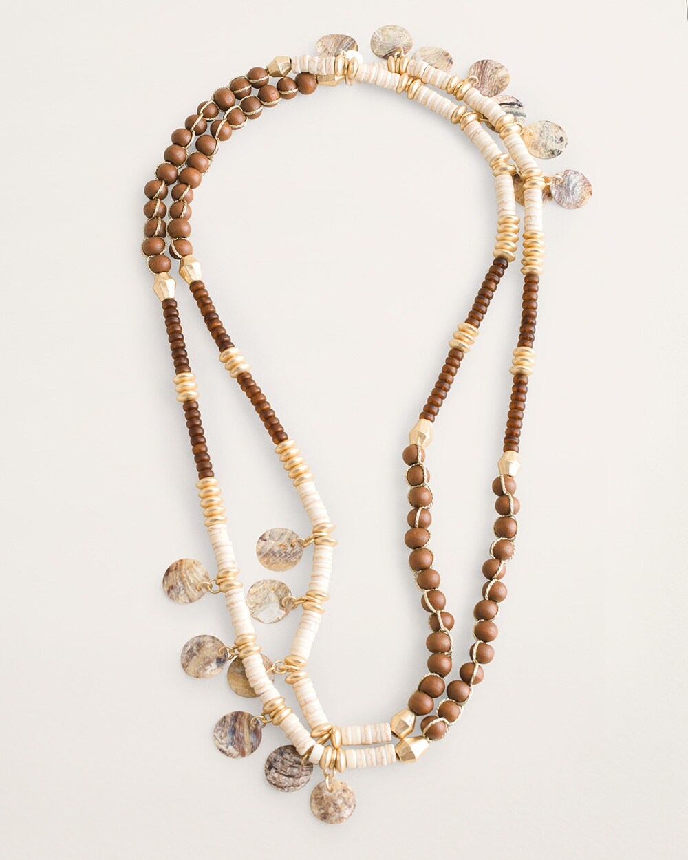 Neutral Shell, Wood and Bead Single-Strand Necklace