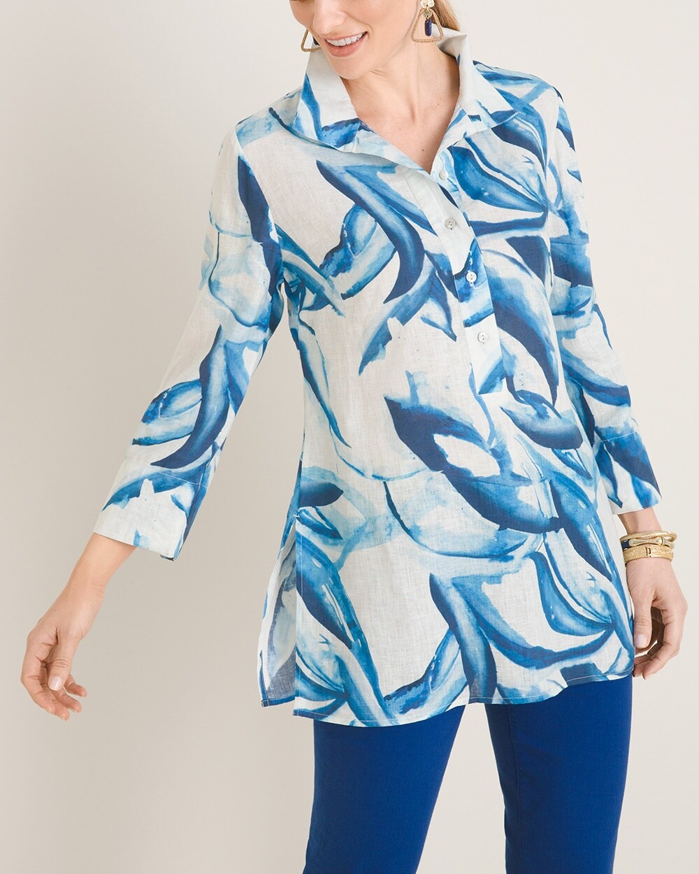 Linen Leaf-Print Pullover Tunic