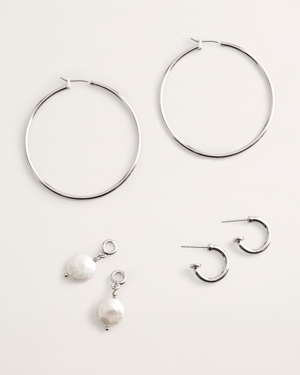 Double Silvertone and Freshwater Pearl Convertible Hoop Earring Set