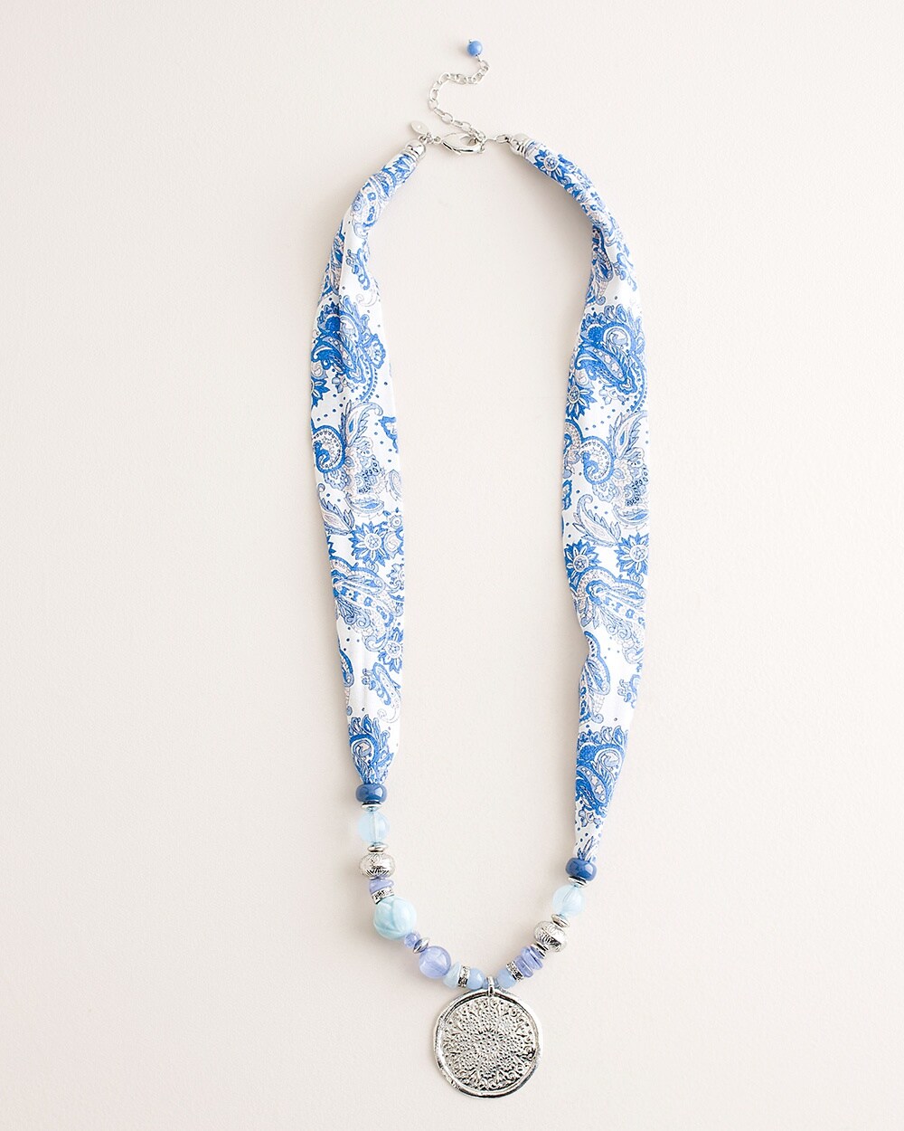 Blue and White Printed Scarf Pendant Necklace