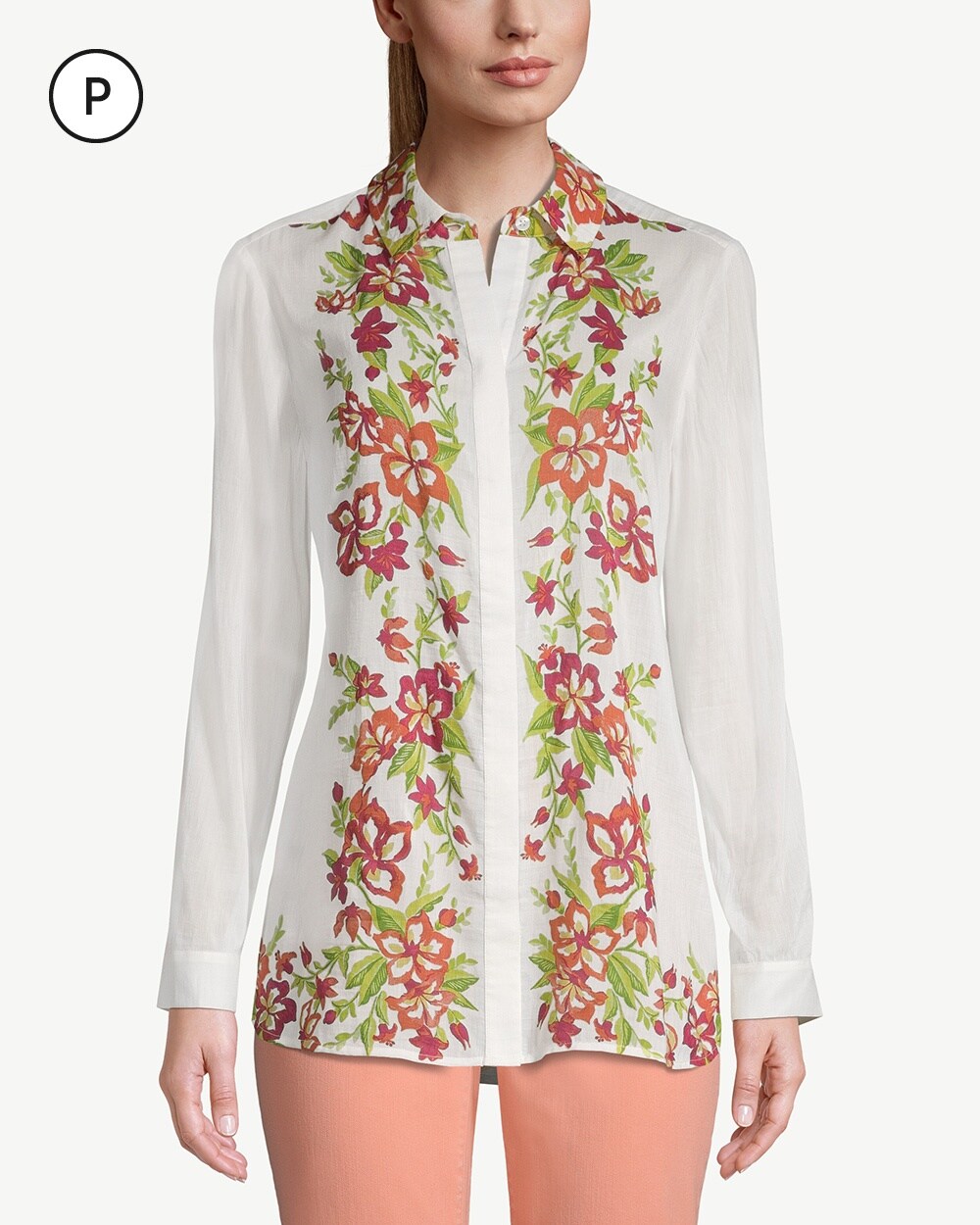 Petite Flower-and-Vine-Trimmed Button-Down Shirt