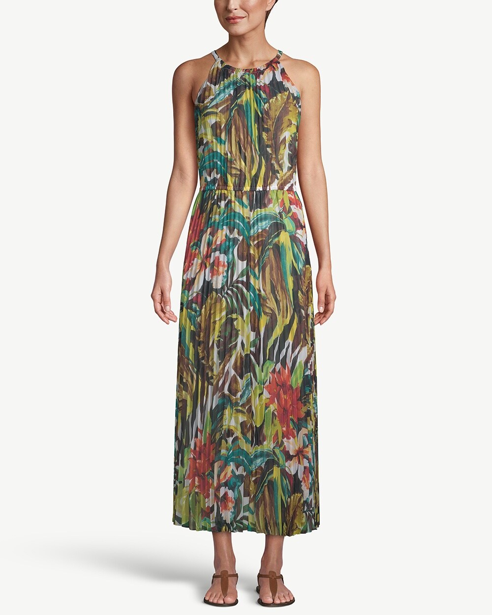 Tropical-Print Pleated Maxi Dress