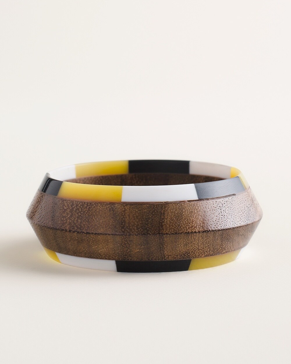 Wide Yellow-and-Neutral-Patterned Wood Cuff Bracelet