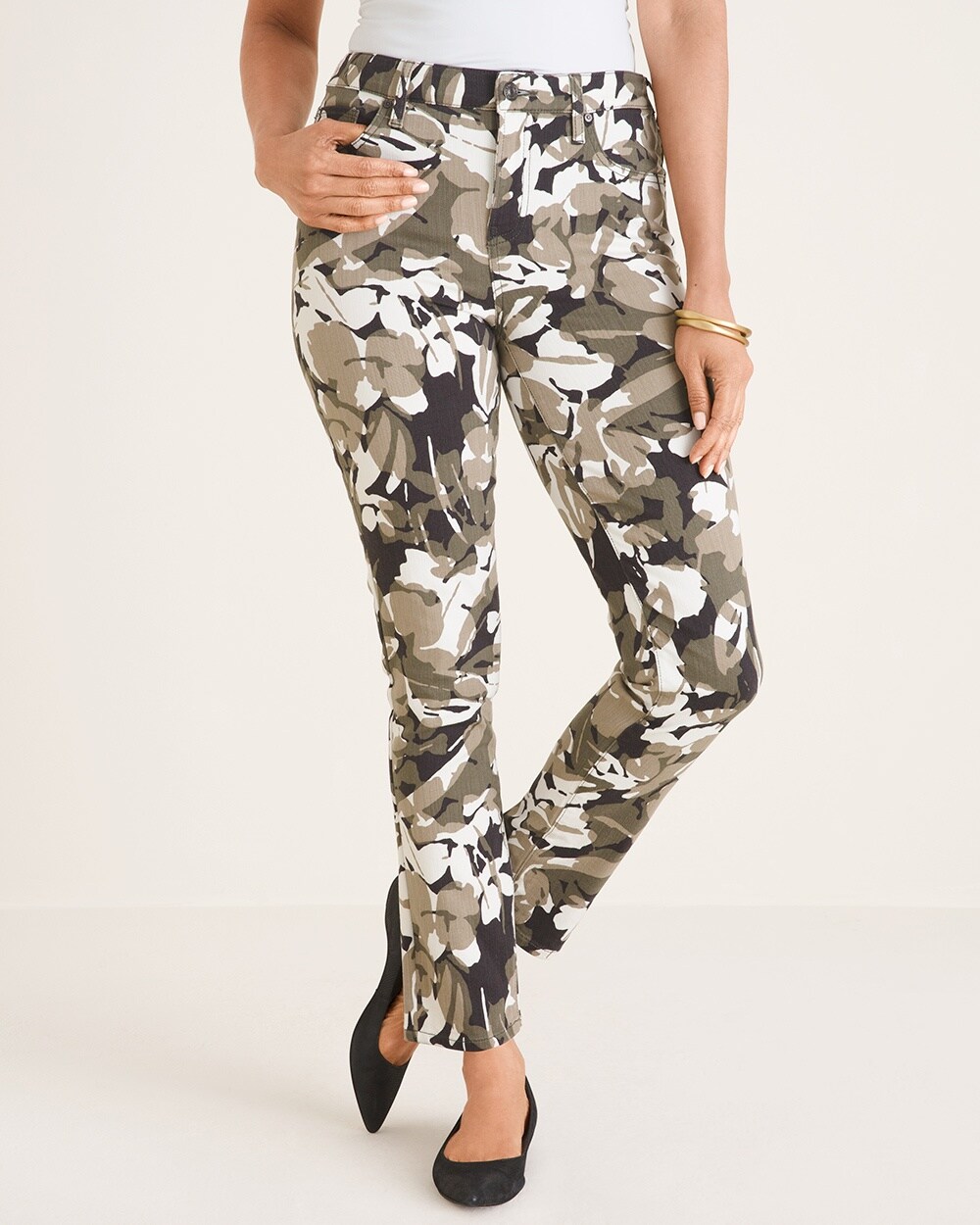 So Slimming Camo-Floral Print Girlfriend Ankle Jeans