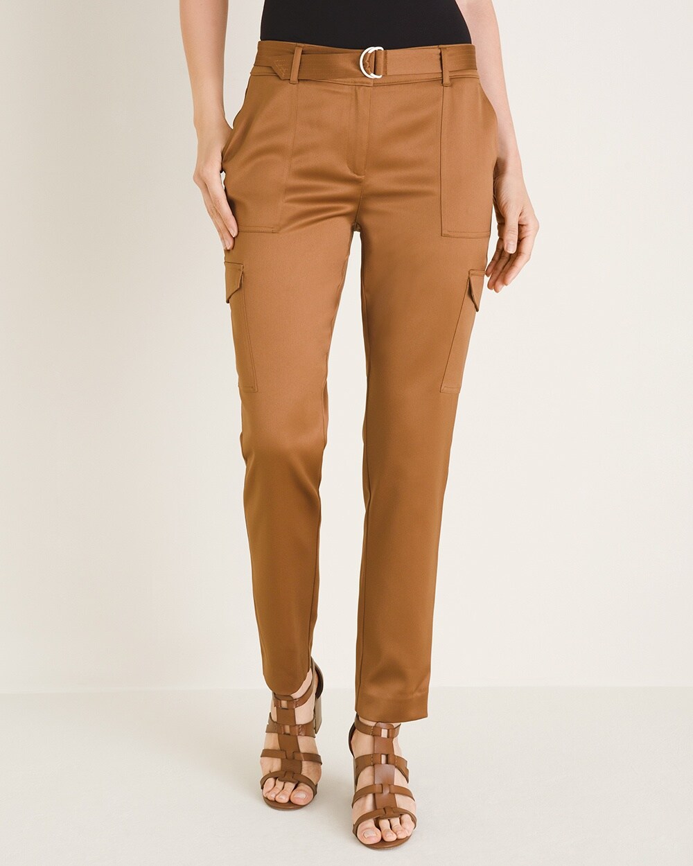 Satin Belted Cargo Ankle Pants