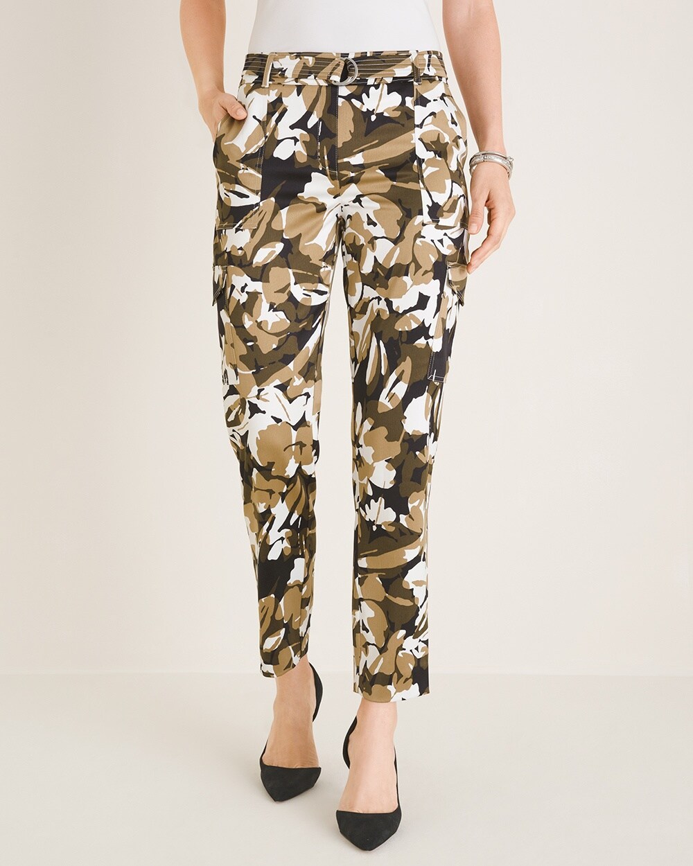 Satin Belted Camo-Floral Cargo Ankle Pants