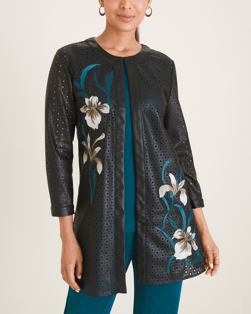 Travelers Collection Floral-Embroidered Faux-Leather Jacket