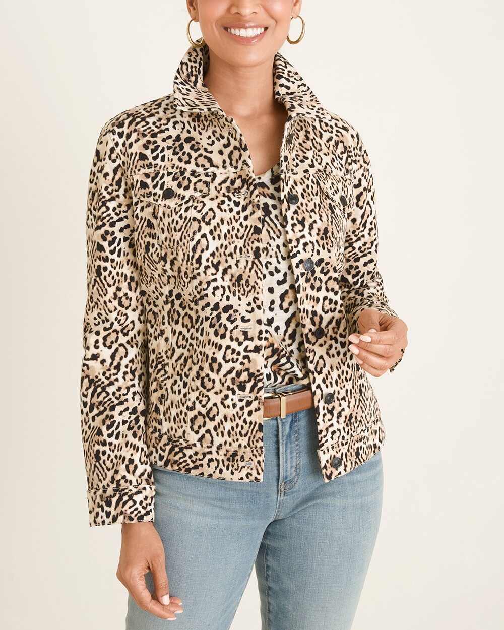 Cheetah-Print Stretch Denim Jacket