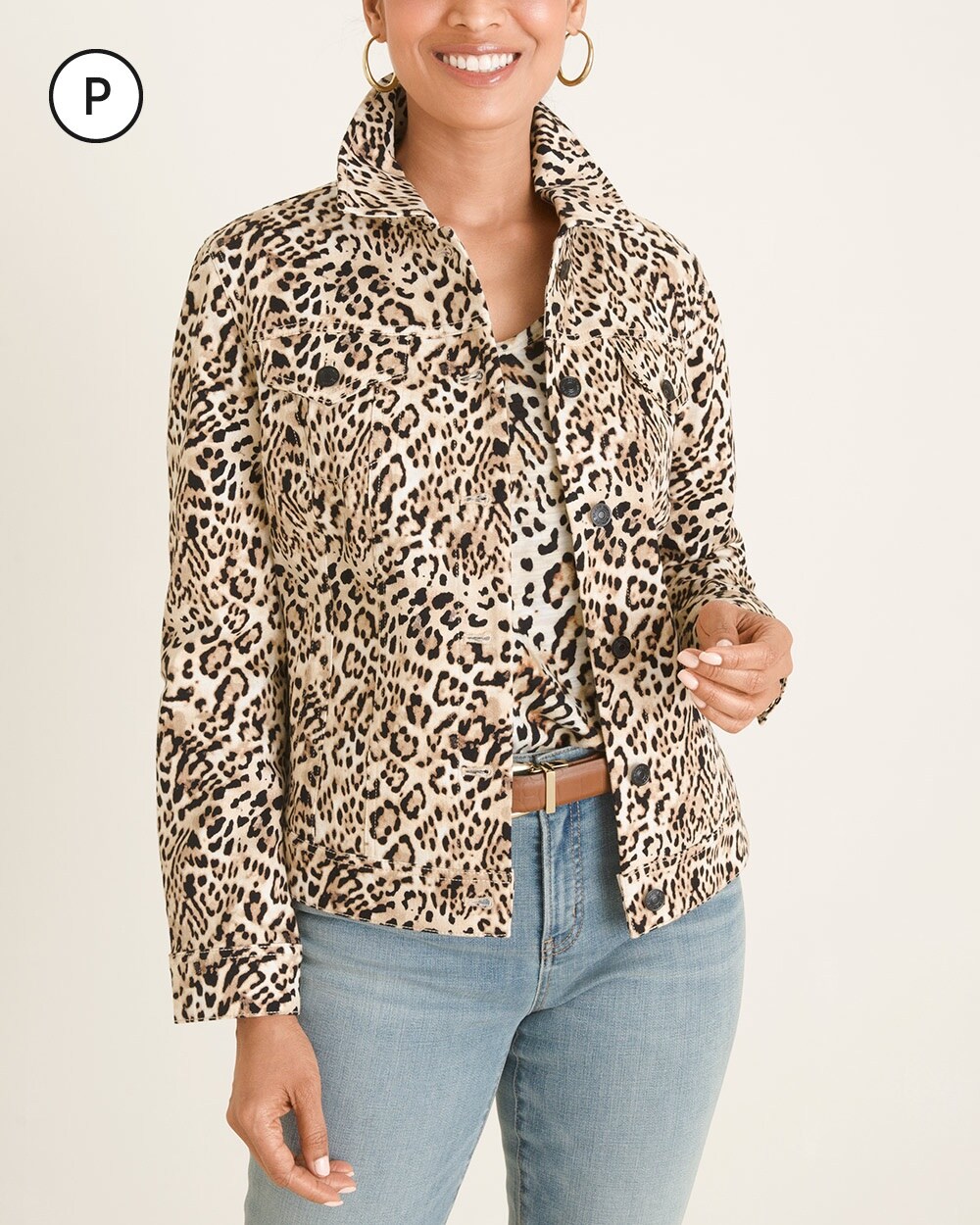 Petite Cheetah-Print Stretch Denim Jacket