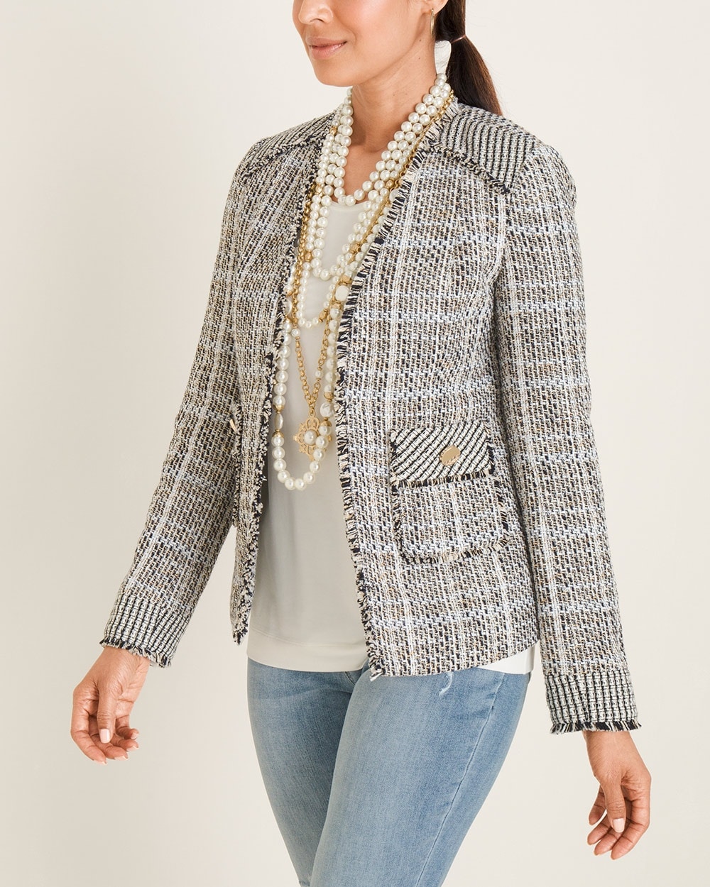 Fringe-Trim Tweed Blazer