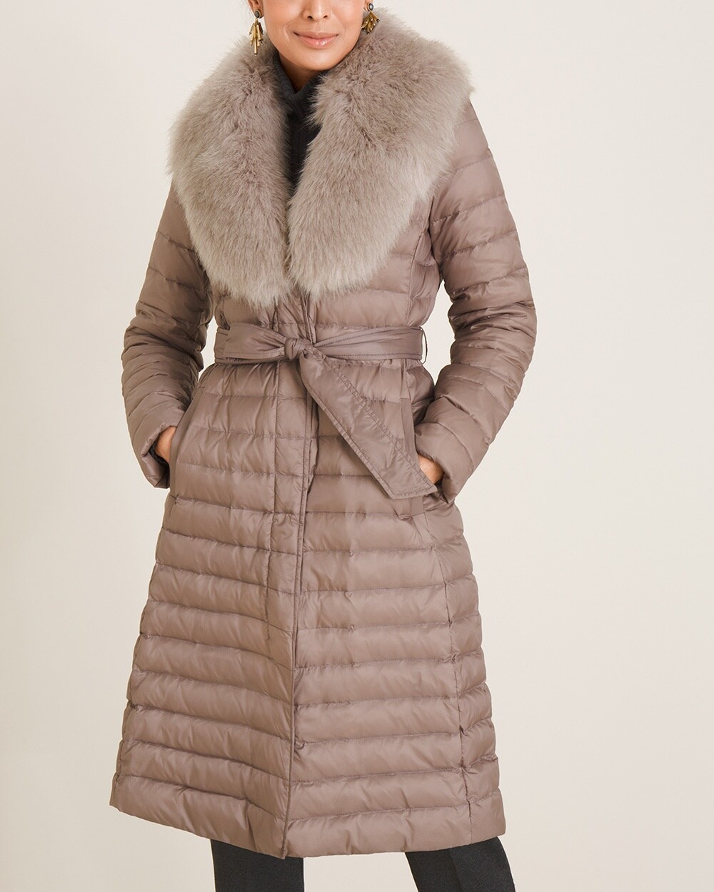 Long Belted Puffer Coat with Faux-Fur Collar