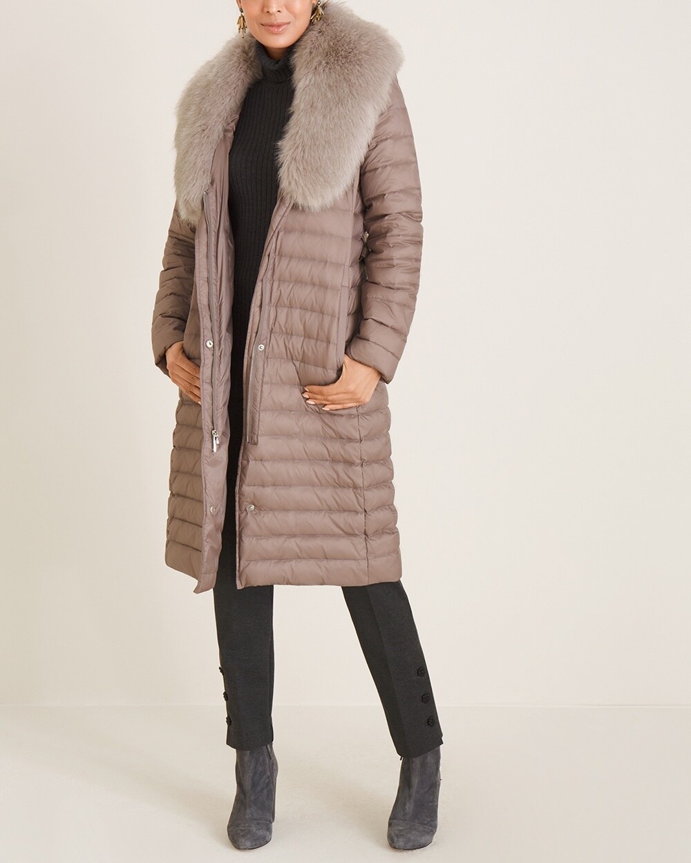 Long Belted Puffer Coat with Faux-Fur Collar - Chico's