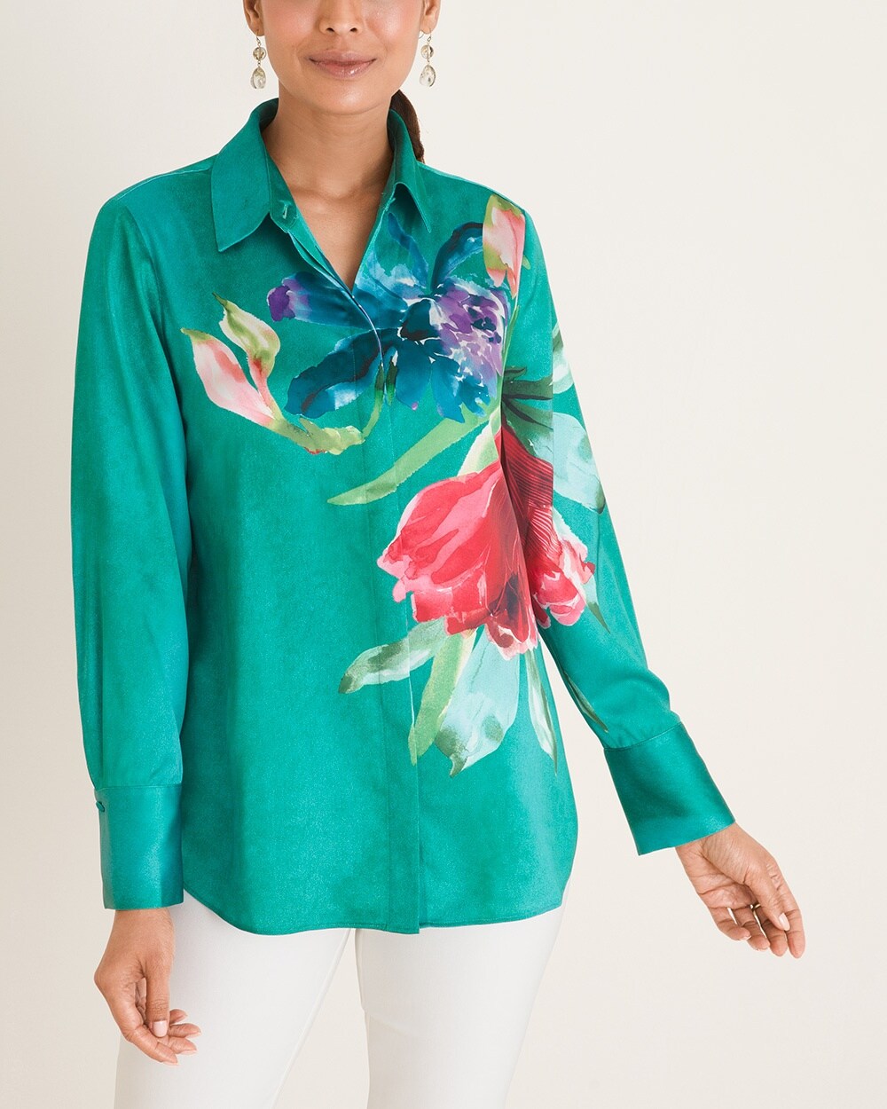 Floral Watercolor-Print Satin Shirt