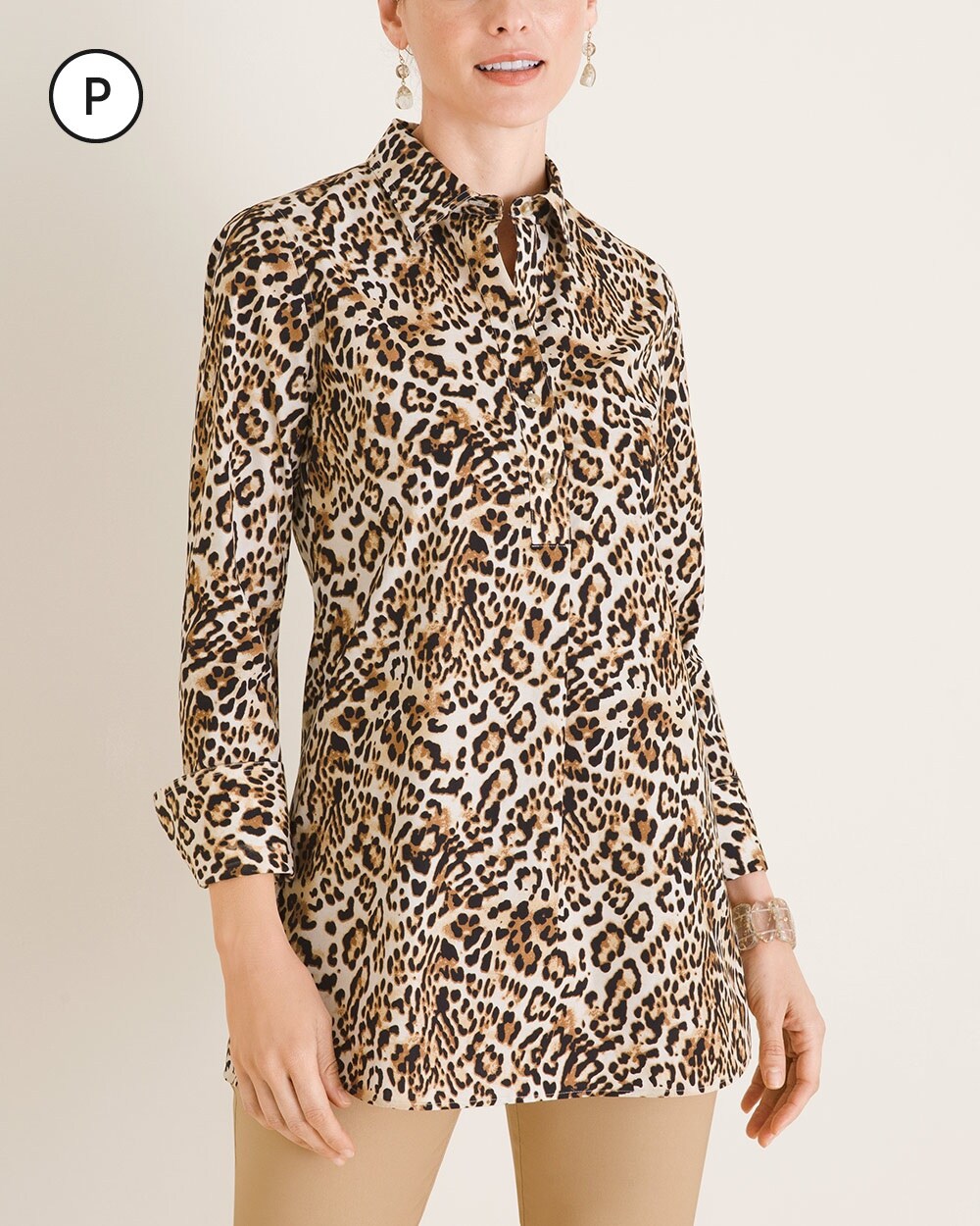 No-Iron Petite Cotton-Blend Cheetah-Print Pullover