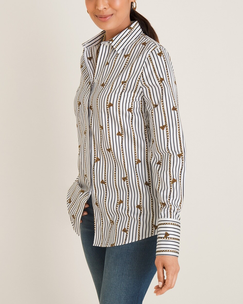 No-Iron Sateen Tassel-Striped Cotton Shirt