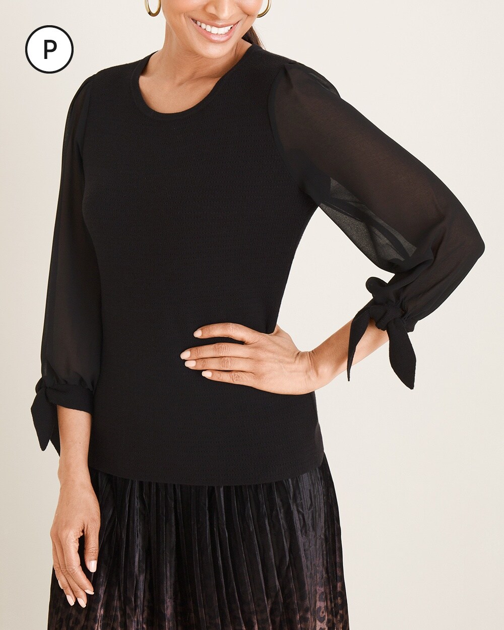 Petite Knit-Woven Sheer-Sleeve Tie Pullover Sweater
