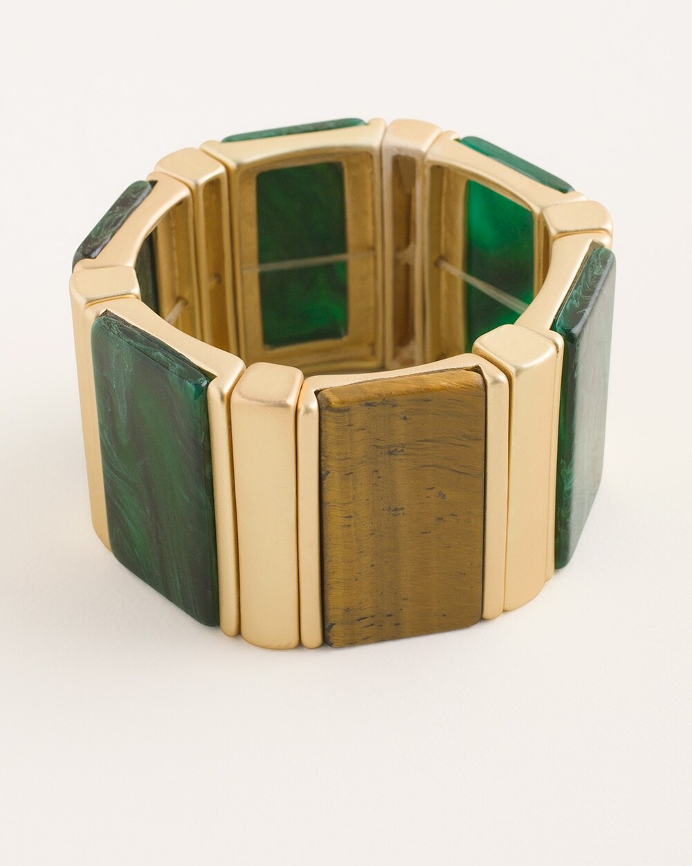 Green and Goldtone Wide Stretch Cuff Bracelet