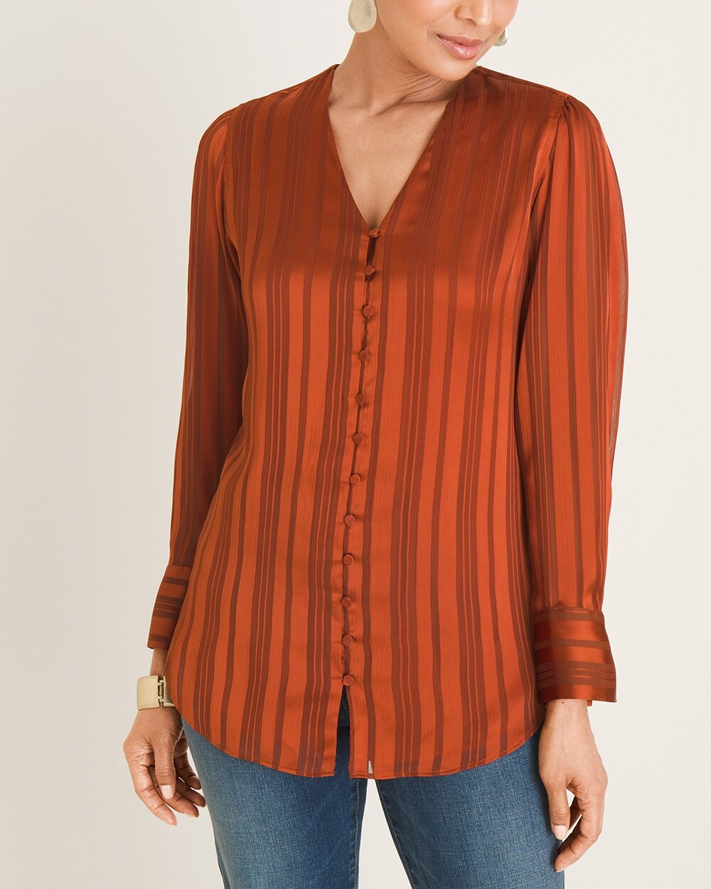 Shadow-Stripe Removable Scarf Blouse