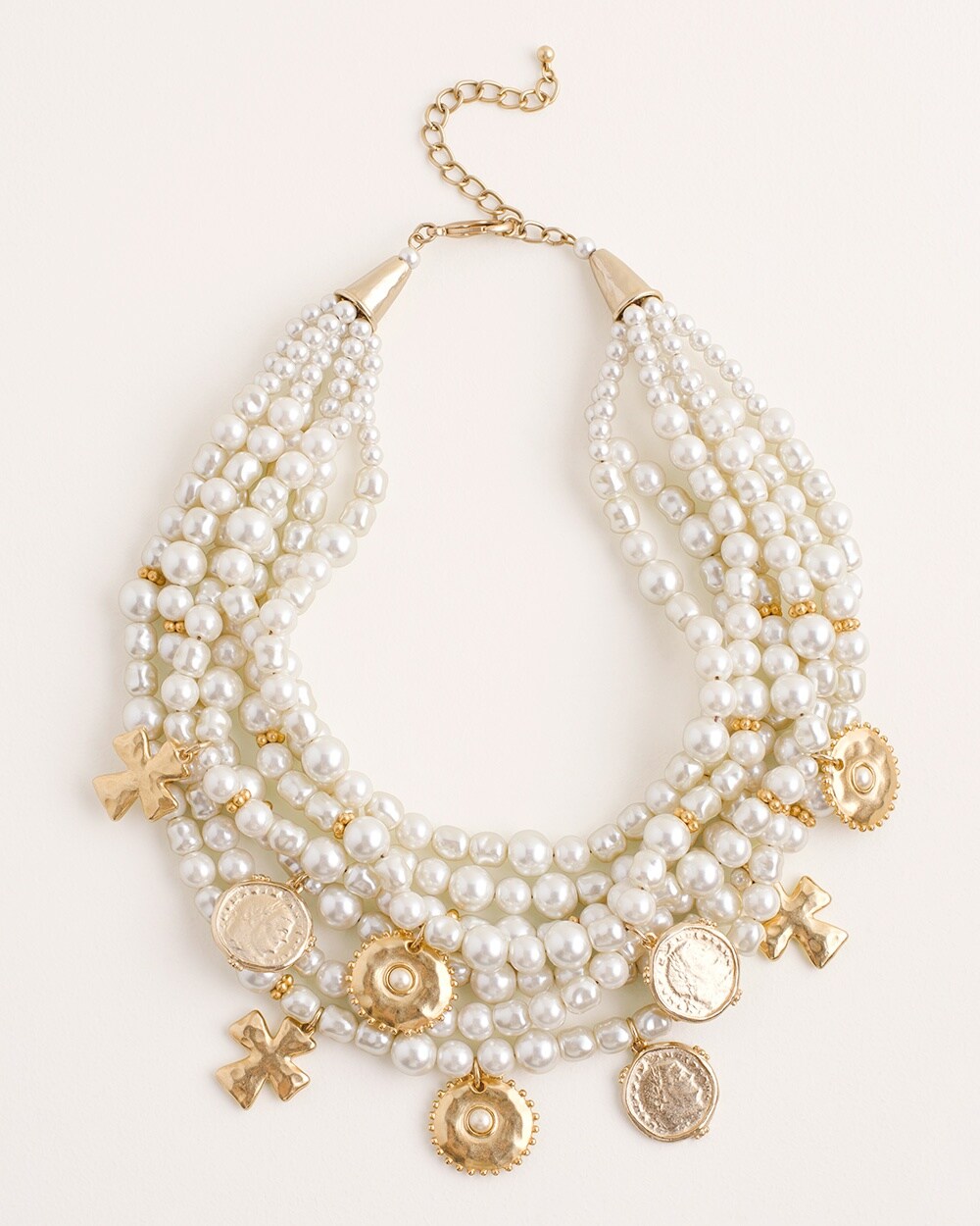 Multi-Strand Faux-Pearl and Goldtone Coin Necklace