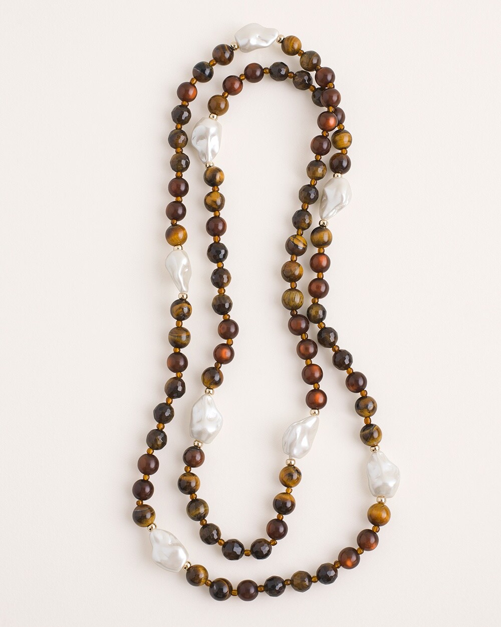 Tiger Eye and Faux Pearl Single-Strand Necklace