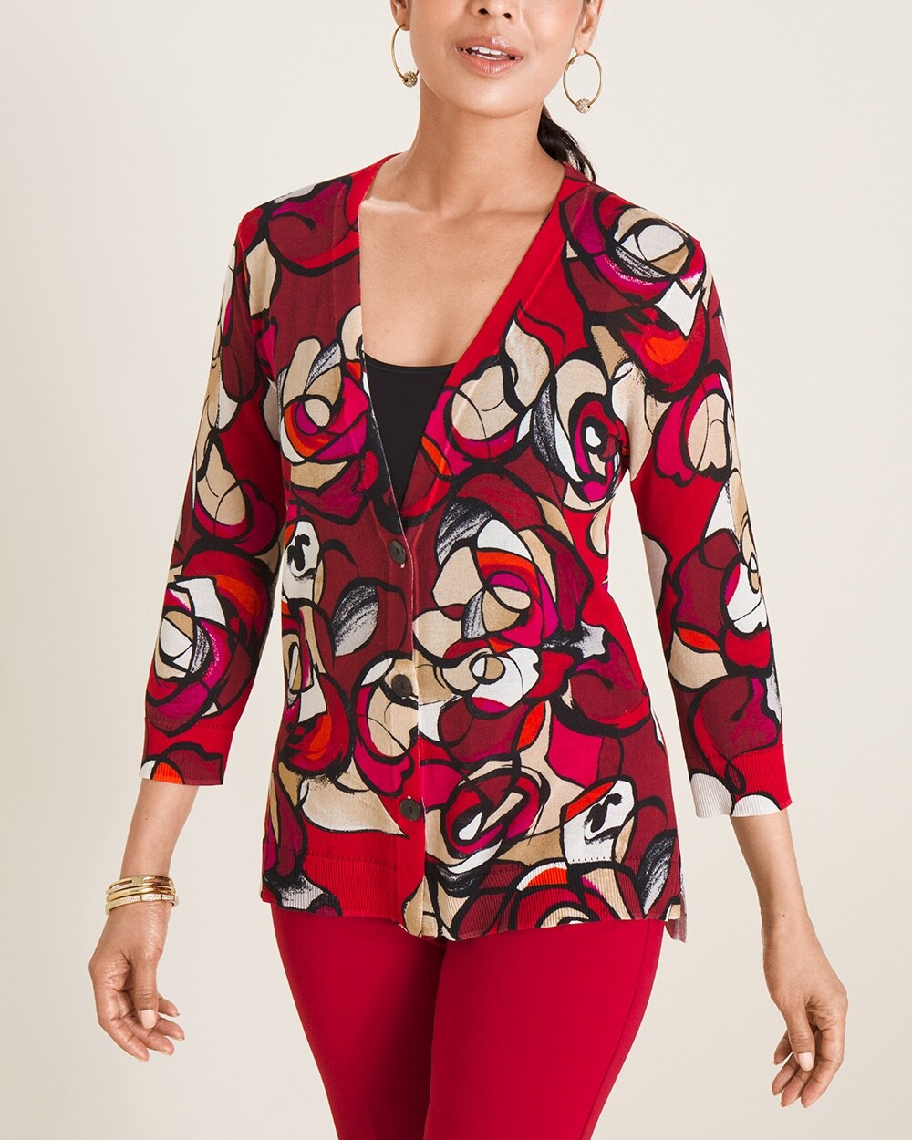 Abstract Floral-Print Three-Button Cardigan Sweater