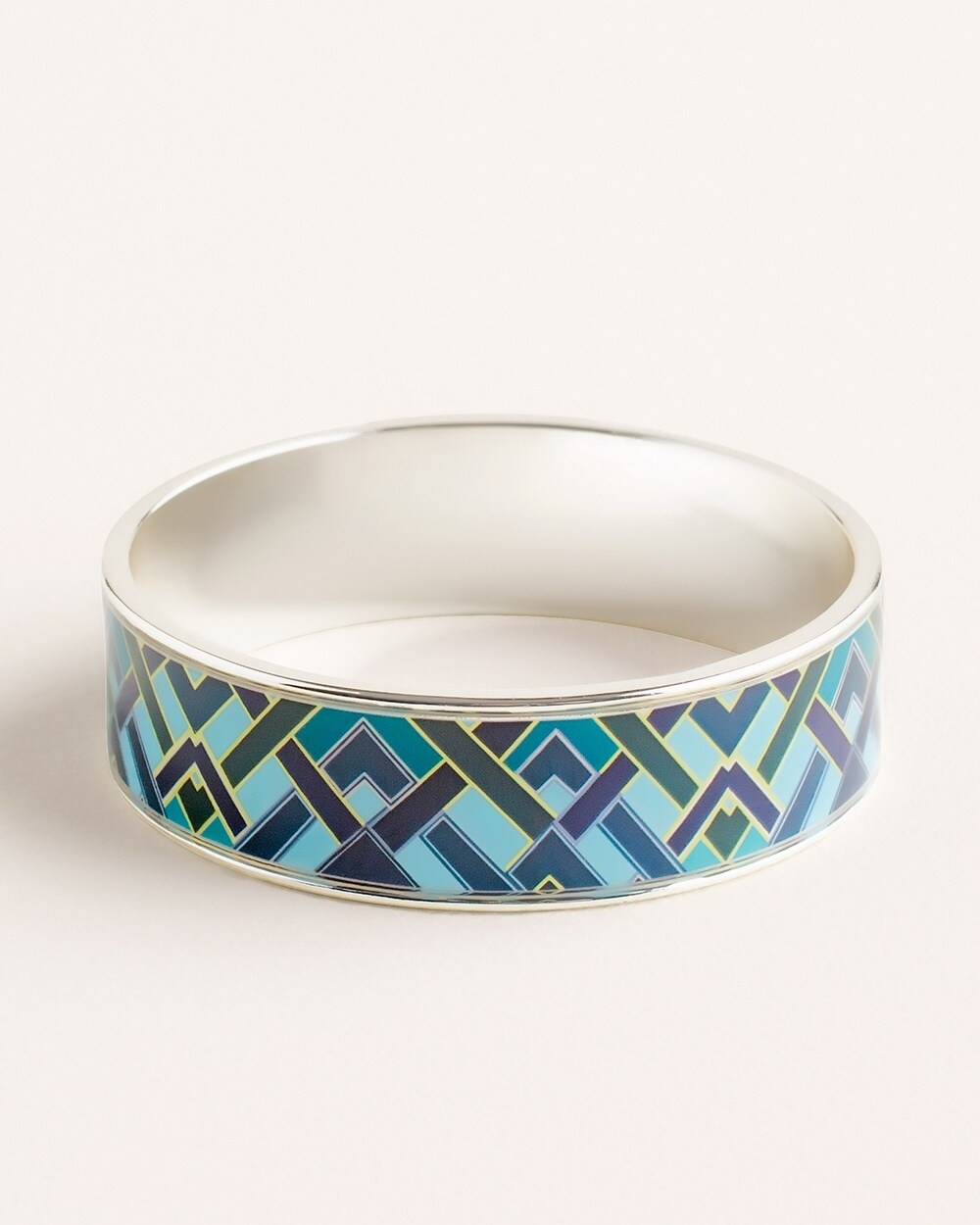 Blue and Silvertone Deco-Print Cuff Bracelet