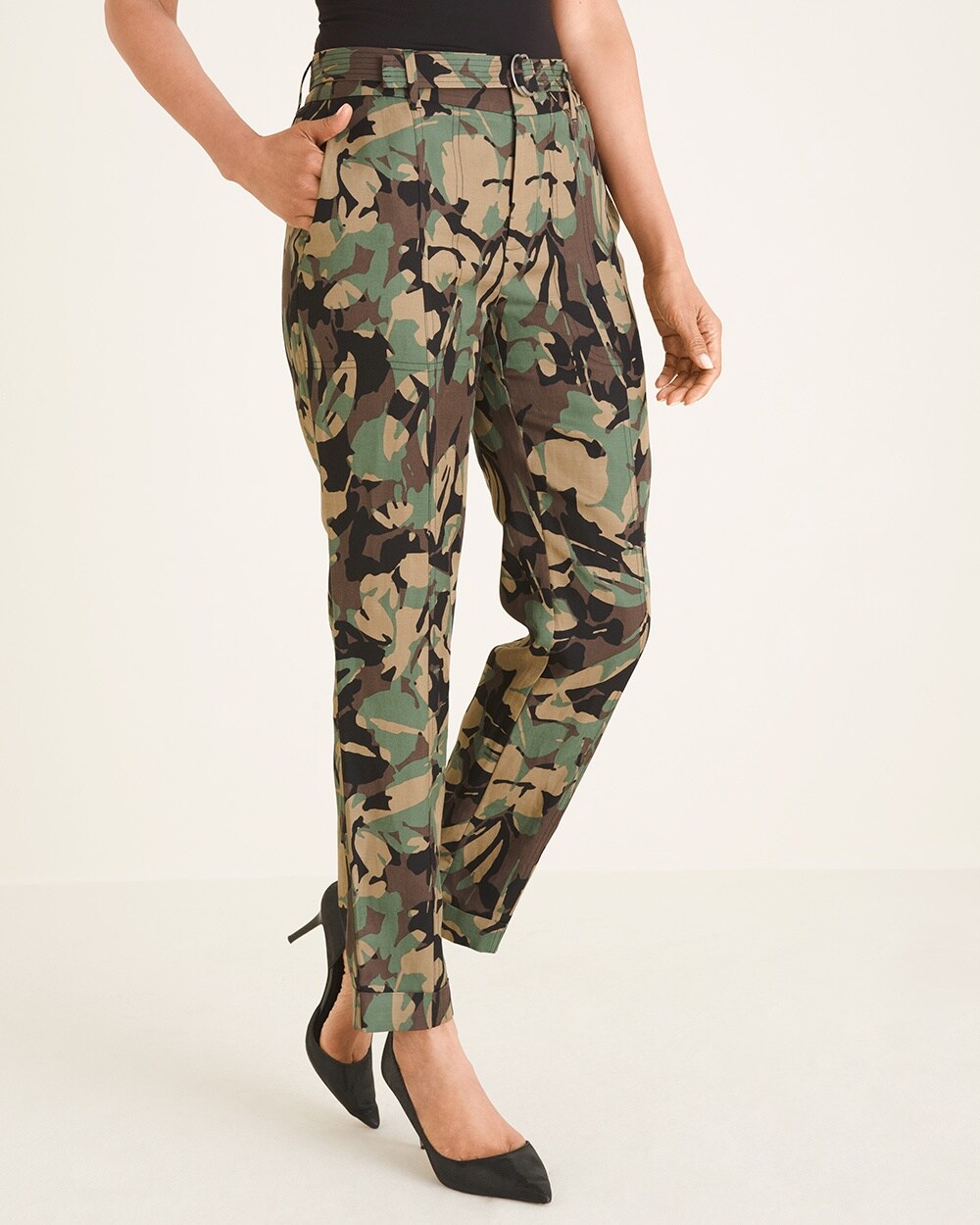 Belted Camo-Floral Utility Ankle Pants