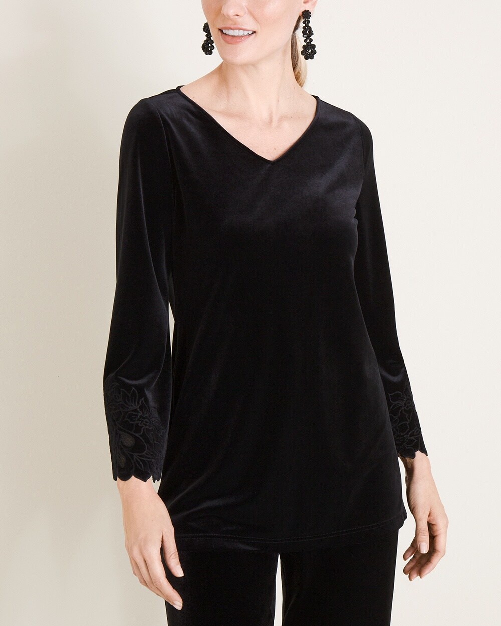 Travelers Collection Embroidered Velvet Bell-Sleeve Top