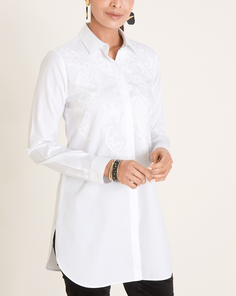 No-Iron Embroidered Cotton-Blend Tunic