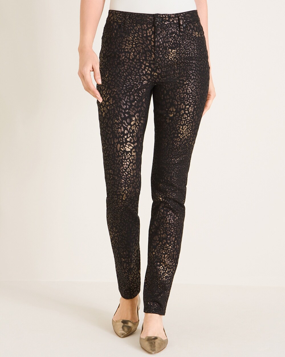 Coated Animal-Print Fly-Front Jeggings
