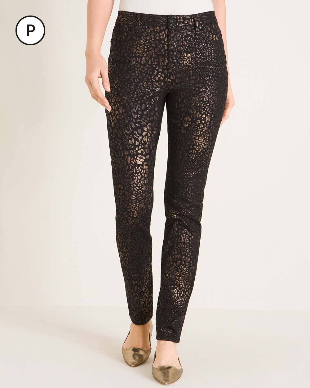 Petite Coated Animal-Print Fly-Front Jeggings