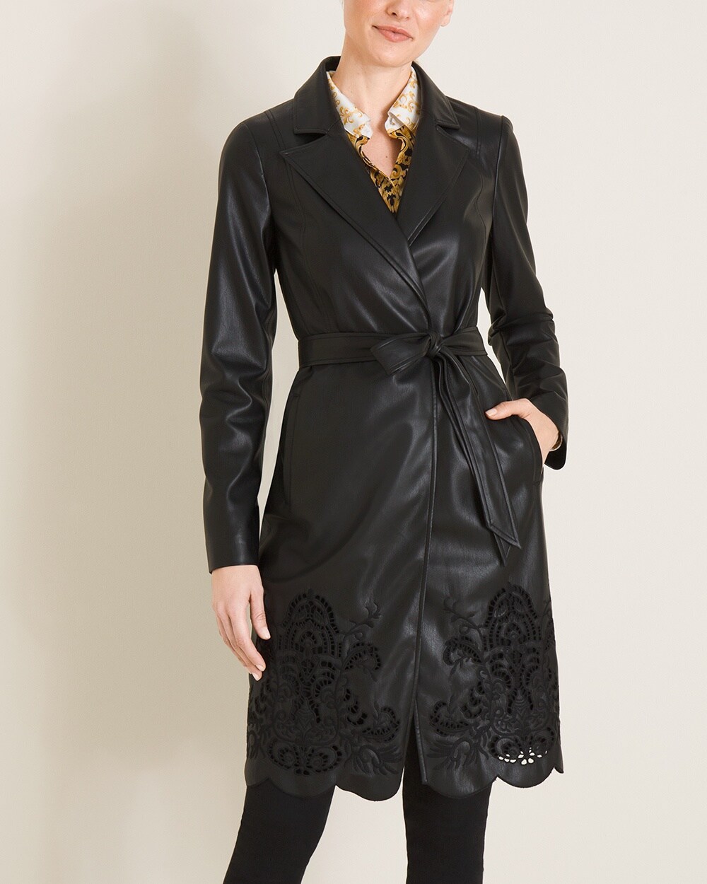 Faux-Leather Cutwork Trench Coat