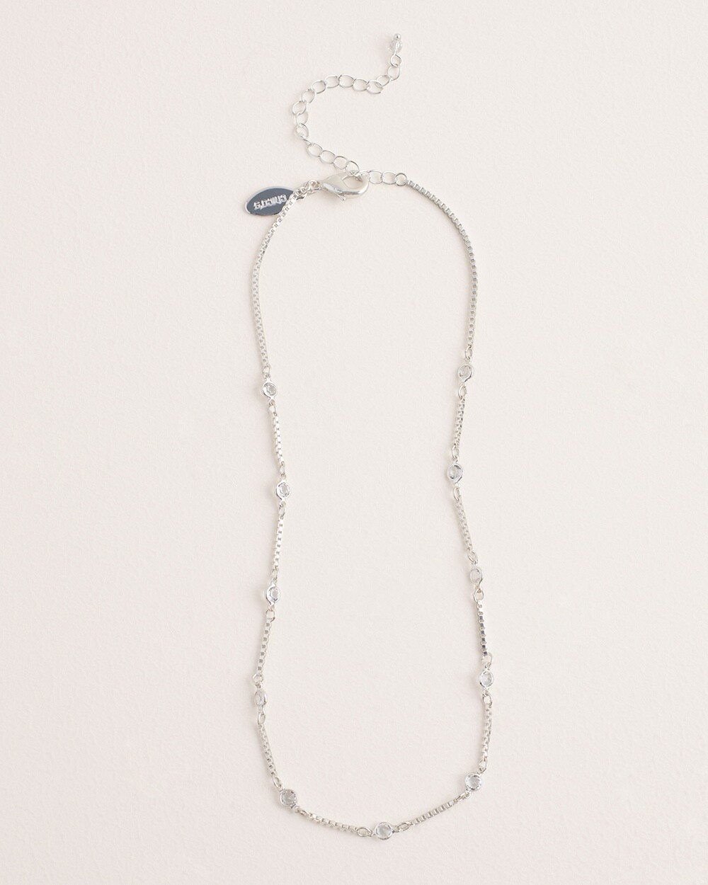 Short Single-Strand Silvertone Simulated Crystal Necklace