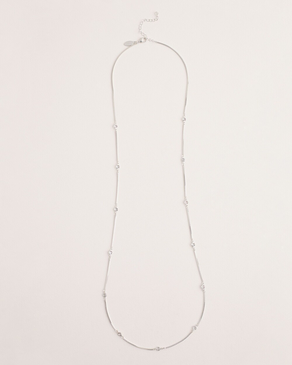 Long Single-Strand Silvertone Simulated Crystal Necklace