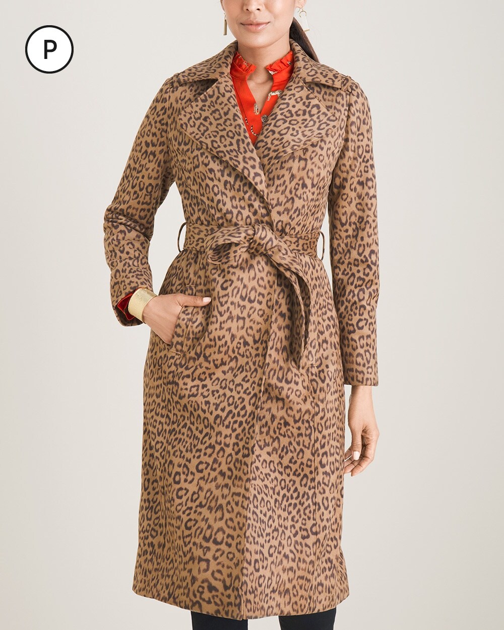Petite Leopard-Print Faux-Suede Trench Coat