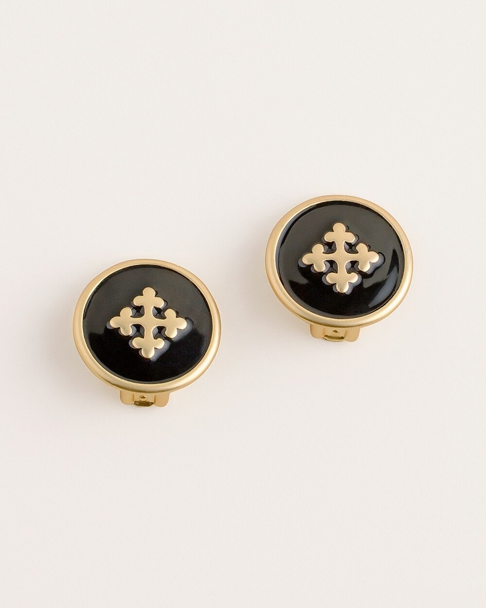 Black Enamel and Goldtone Cross Clip-On Earrings